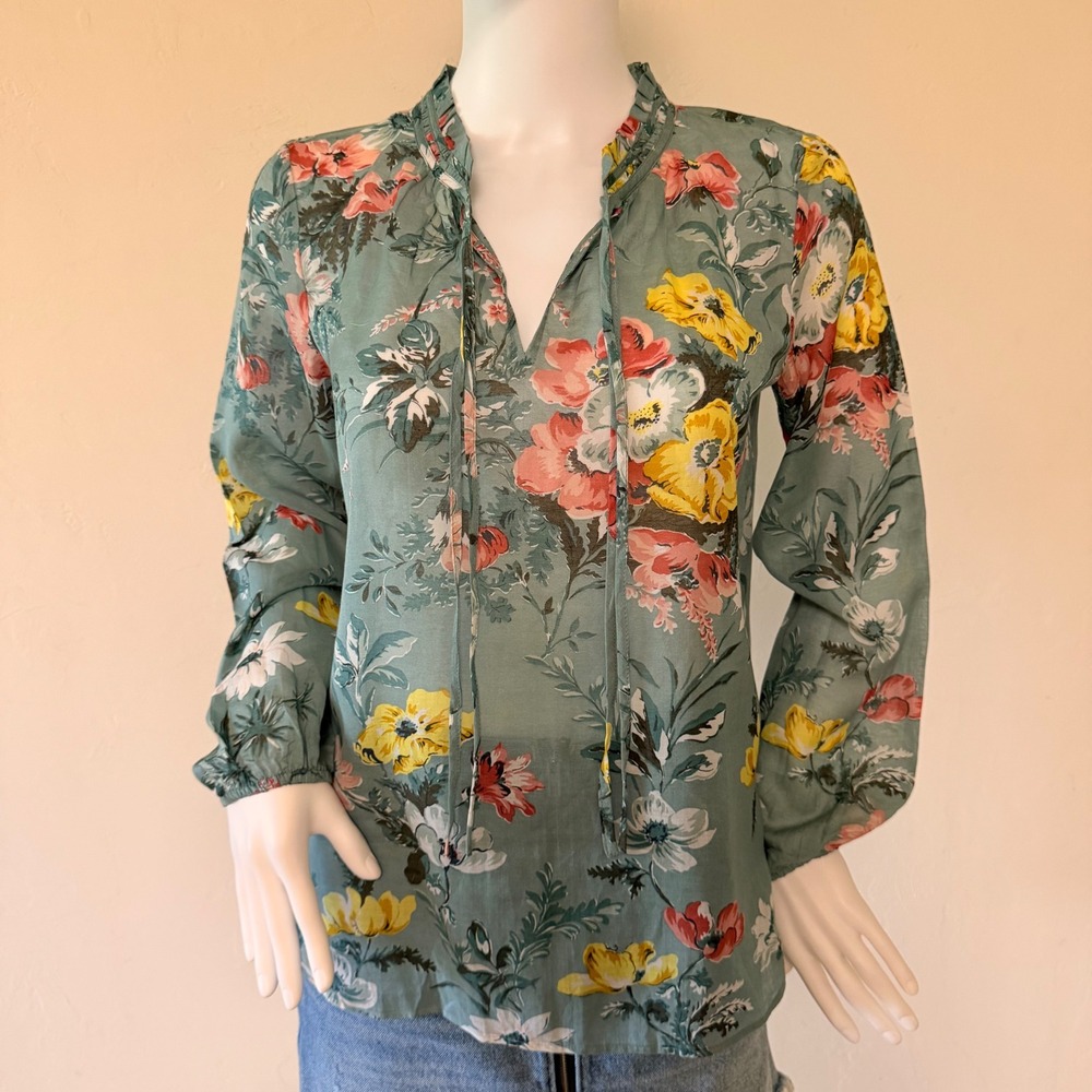 NWT LOFT Women Floral Ruffle Tie Neck Blouse Sage Green Long Sleeve Top  Size SP